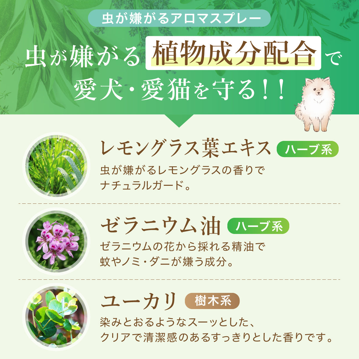 犬猫用虫よけスプレーの植物由来成分 レモングラス・ゼラニウム・ユーカリ