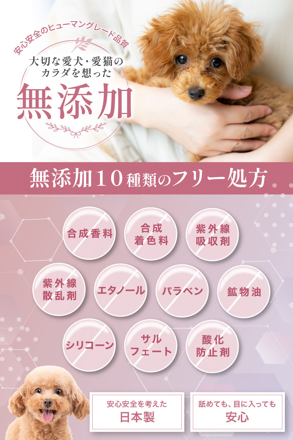 安心安全のヒューマングレード品質・無添加10種フリー処方の日本製犬猫用シャンプー