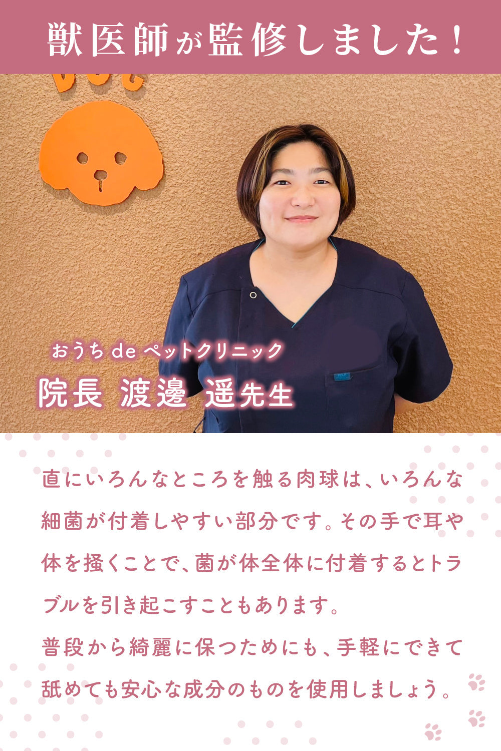 おうちdeペットクリニック 院長 渡邊遥先生による監修コメント - 肉球の細菌付着を防ぐ手軽で舐めても安心なケアの重要性