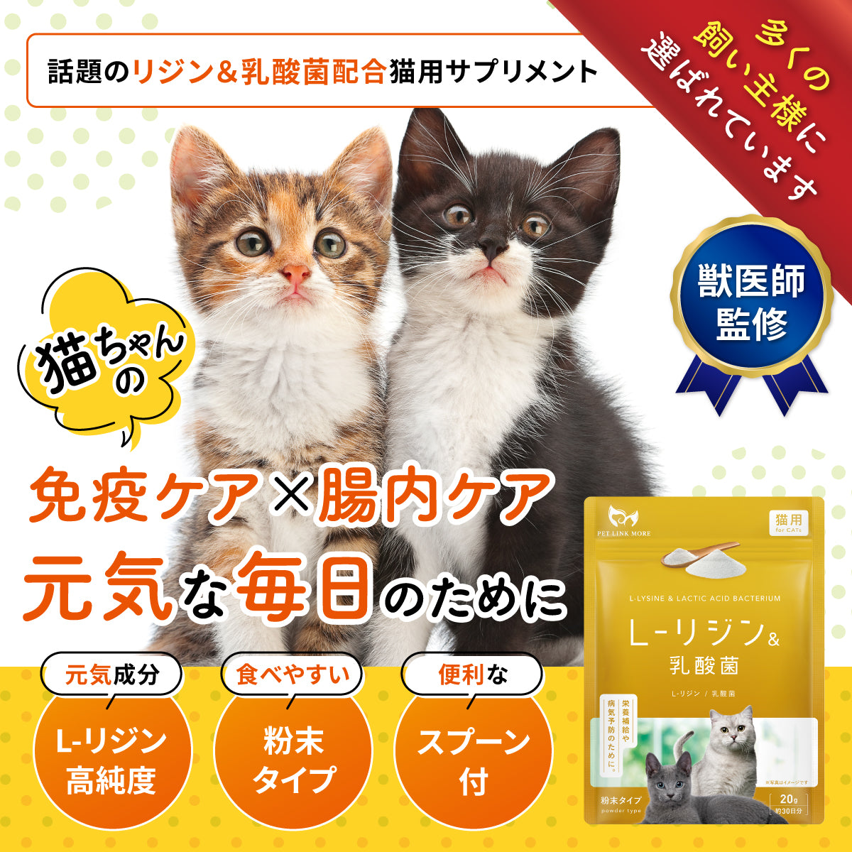 【猫用】リジン＆乳酸菌サプリメント 粉末20g