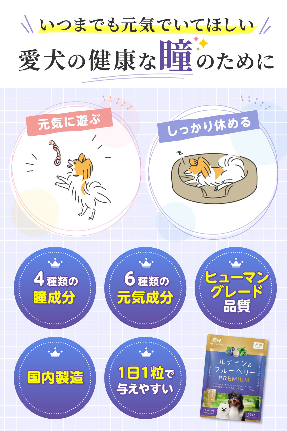 【犬用】ルテイン＆ブルーベリーサプリメントPREMIUM チキン味 錠剤30粒